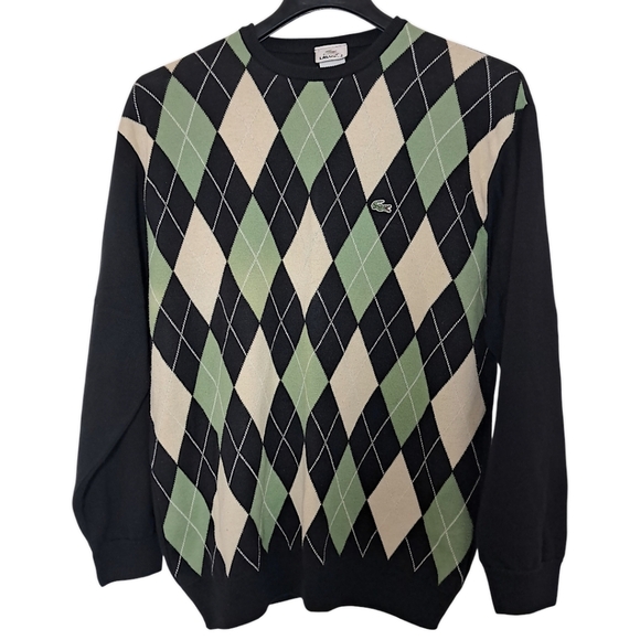 Lacoste Men’s XXL Argyle Crewneck Sweater Black Green Cotton Pullover - Picture 10 of 10